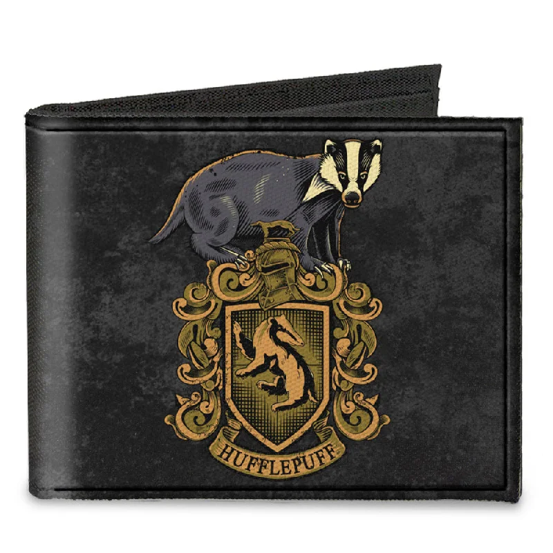 Canvas Bi-Fold Wallet - HUFFLEPUFF Badger Crest + DEDICATION PATIENCE LOYALTY Banner Grays Golds