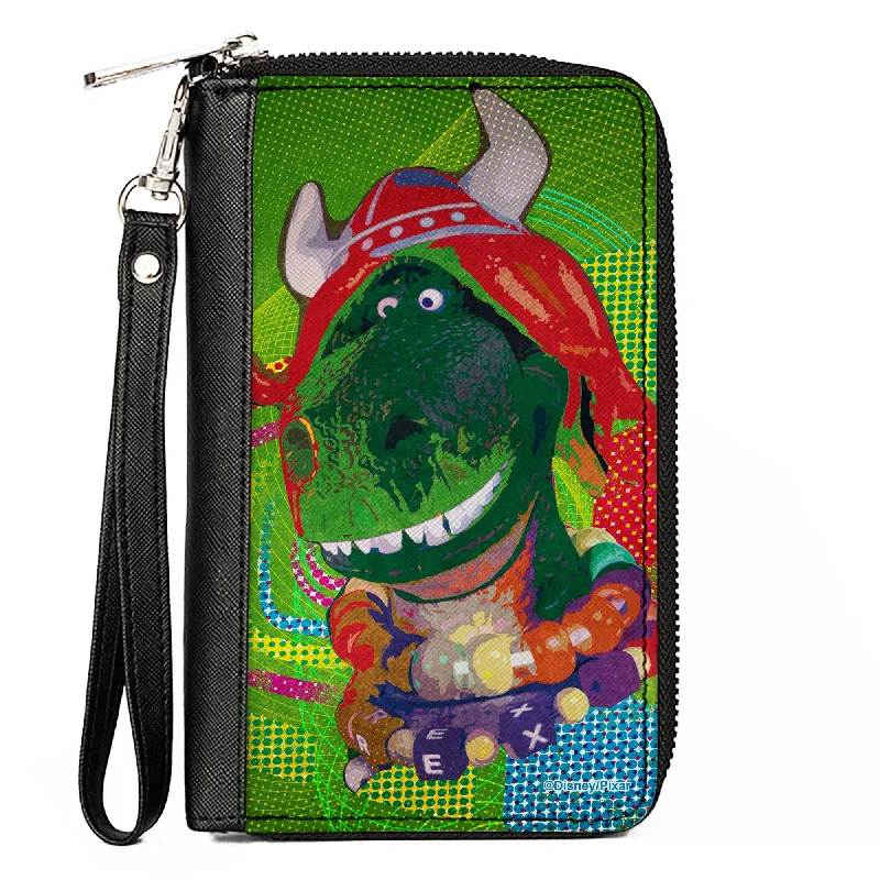 Women's PU Zip Around Wallet Rectangle - Toy Story Partysaurus Rex Viking Pose Greens Multi Color