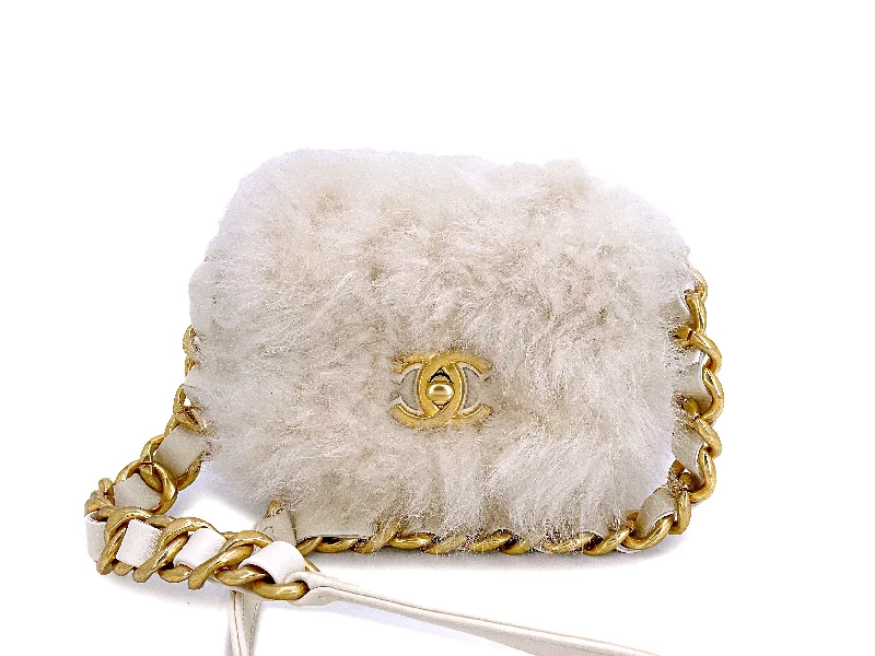 Chanel Fur Mini Flap Bag White Ivory Crossbody Chunky Chain IDO