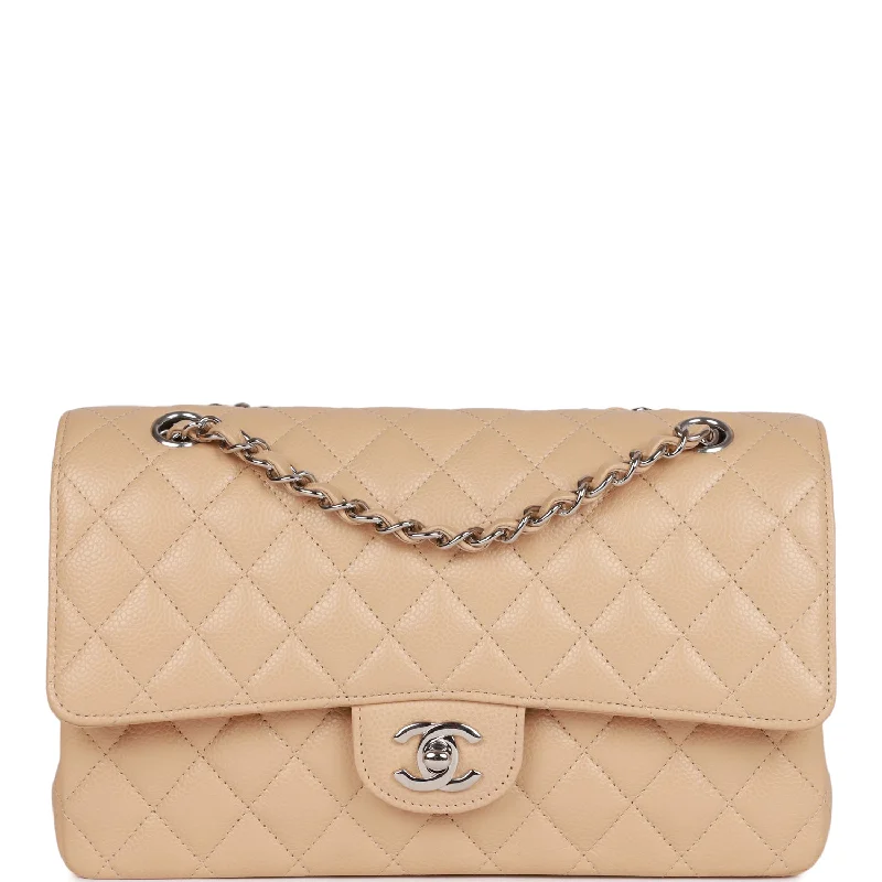 Chanel Medium Classic Double Flap Bag Beige Caviar Silver Hardware