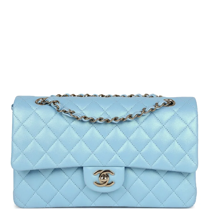 Chanel Medium Classic Double Flap Bag Light Blue Iridescent Calfskin Gold Hardware