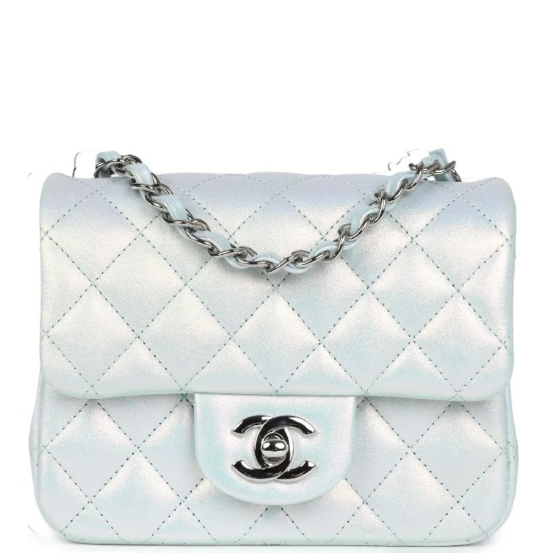 Chanel Mini Classic Square Flap Bag Blue Iridescent Calfskin Silver Hardware