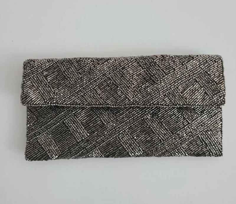 Criss Cross Beaded Clutch Pewter