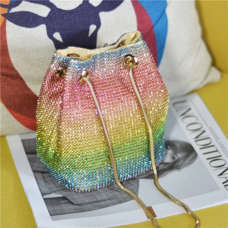 Crystal Bucket Bag for Women Multicolor Rhinestone Beaded Ladies Shoulder Bag