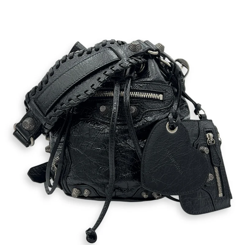 Le Cagole XS Black Bucket Bag in Distressed Leather, Silver hardware