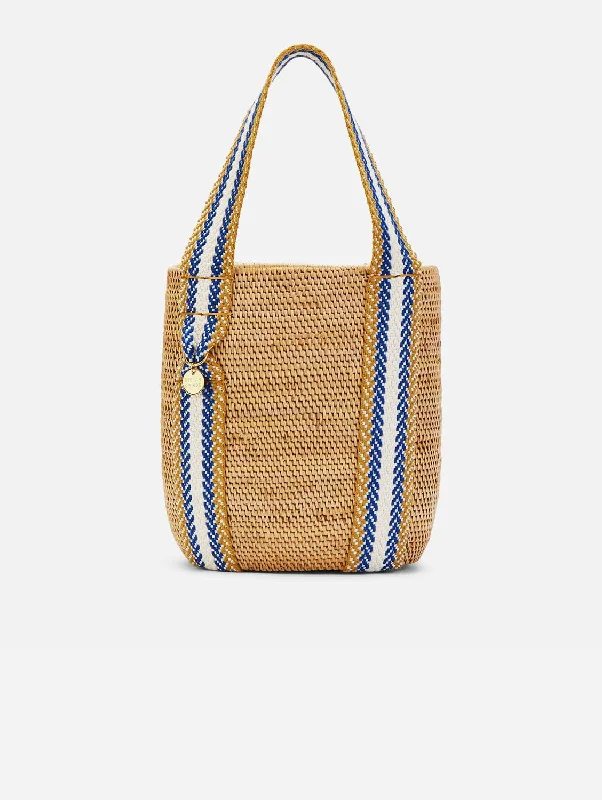 Sampela Handwoven Organic Atta Vegan Bucket Bag | Natural & Blue Stripe