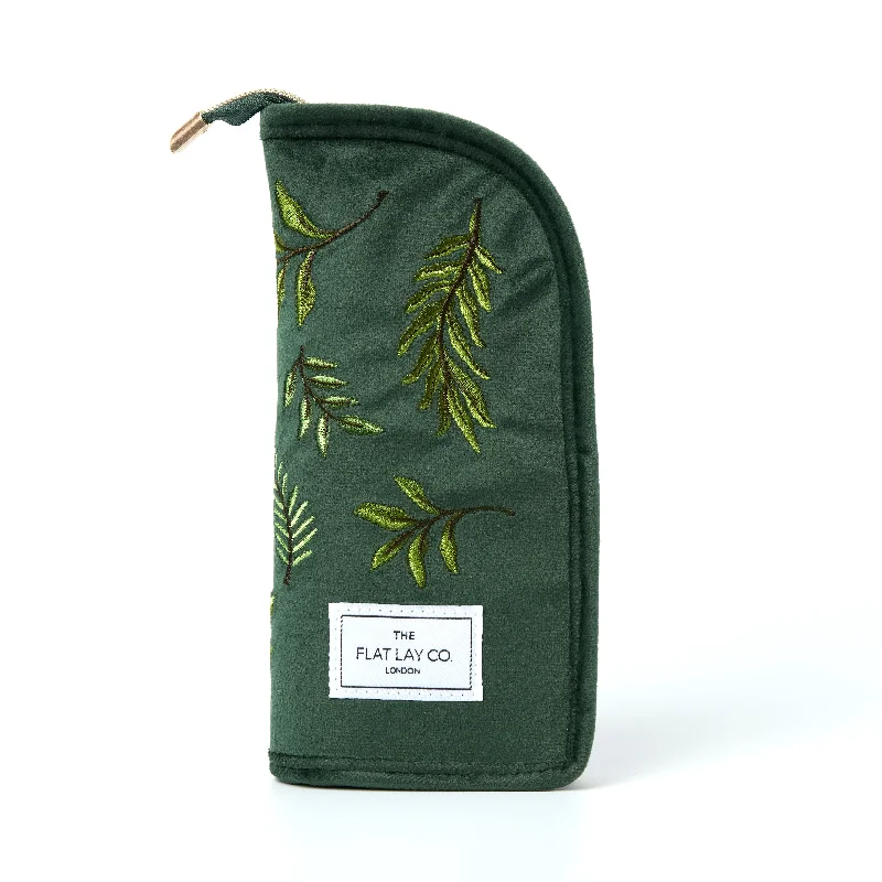 Standing Makeup Brush Case - Green Leaves Embroidered Velvet