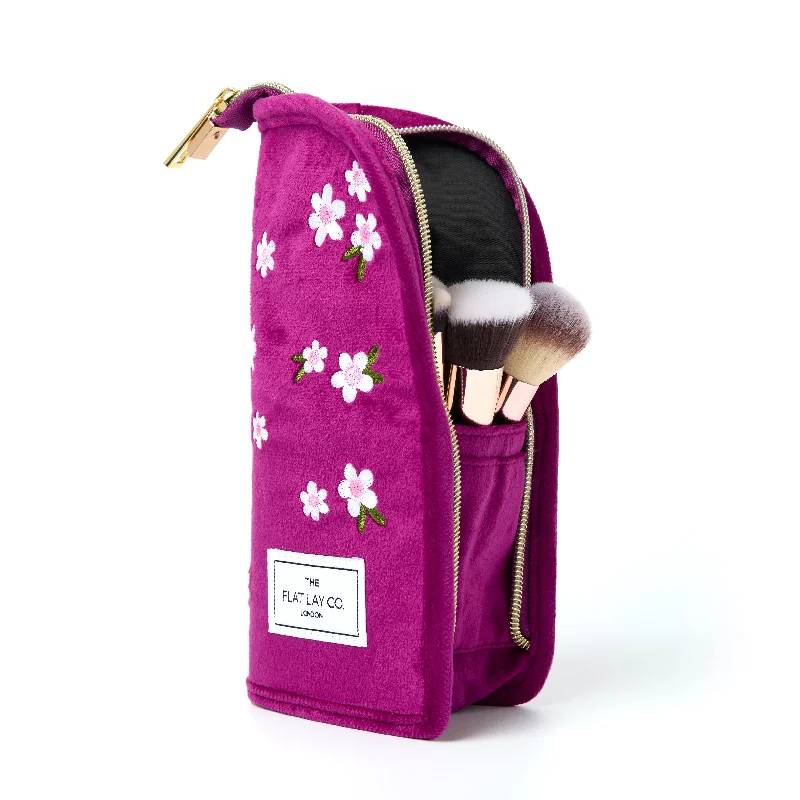 Standing Makeup Brush Case - Plum Daisy Embroidered Velvet