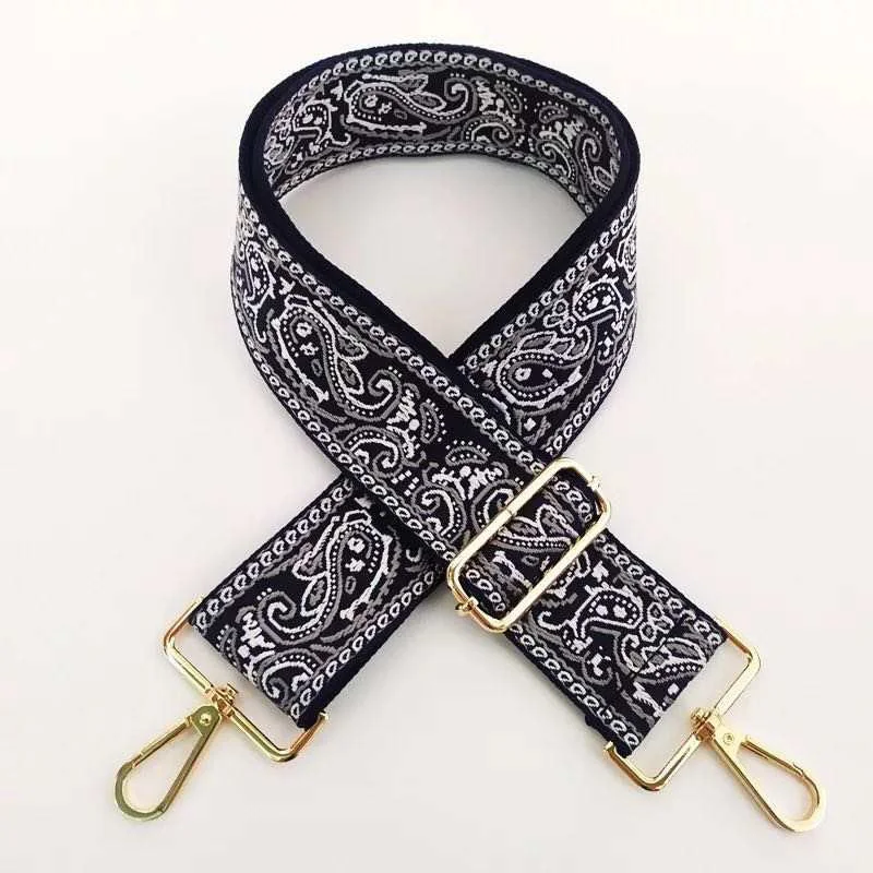 ABSTRACT BAG STRAP- Black Grey Mix - Gold hardware