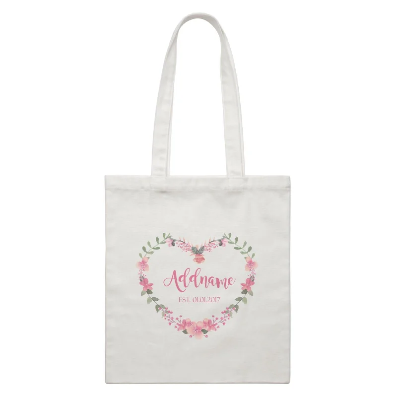 Add Name and Add Date in Pink Heart Shaped Flower Wreath White Canvas Bag