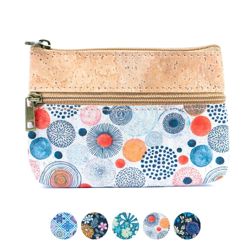 Triple Zip Printed Cork Women's Coin Purse with Floral and Mosaic Designs BAG-2325