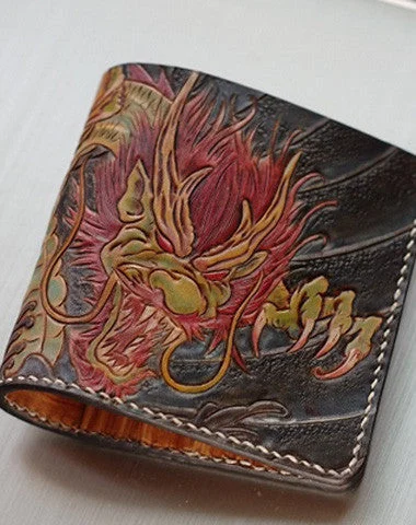 Handmade men wallet vintage hand carved Azure Dragon leather billfold wallet for men