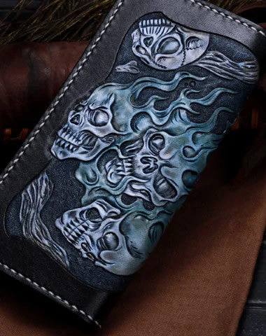 Handmade Leather Wallet Skull Wallet Tooled Leather Wallet Biker Wallet Wallets With Skulls