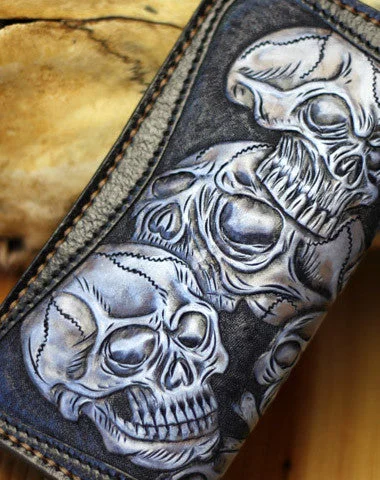 Handmade tooled biker wallet leather black blue skull carved chain wallet Long wallet clutch for men