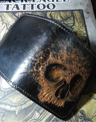 Handmade skull small leather wallet men tooled cool billfold wallet for him