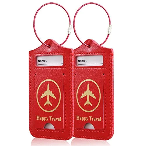 Luggage Tags, Leather Case Travel Tags - Red