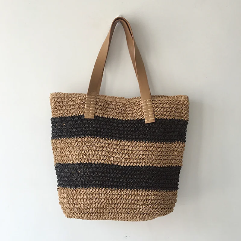 Elena Handbags Striped Straw Woven Tote Bag