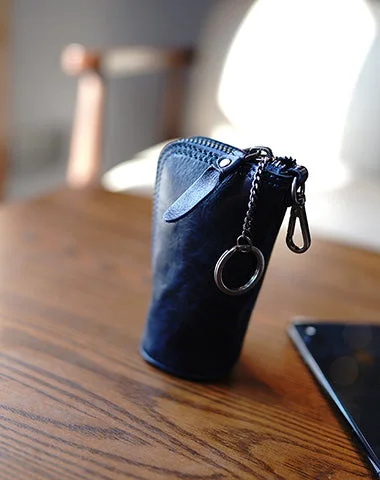 Vintage Women Blue Leather Zip Key Wallet Car Key Holder Coin Wallet Coin Pouch Change Wallet For Women