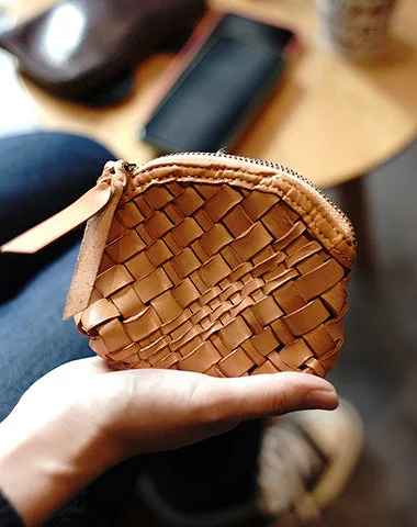 Vintage Women Small Beige Braided Leather Zip Coin Pouch Mini Coin Wallet Change Wallet For Women