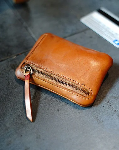 Vintage Women Small Brown Leather Zip Coin Pouch Mini Coin Wallet Change Wallet For Women